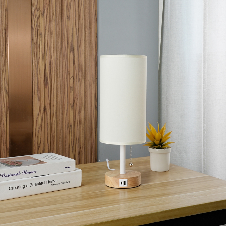 Brilagi - Настолна лампа с USB порт TABLON 1xE27/25W/230V дъб/бял/крем