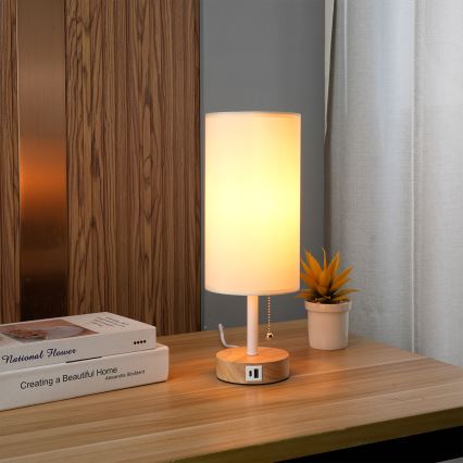 Brilagi - Настолна лампа с USB порт TABLON 1xE27/25W/230V дъб/бял/крем
