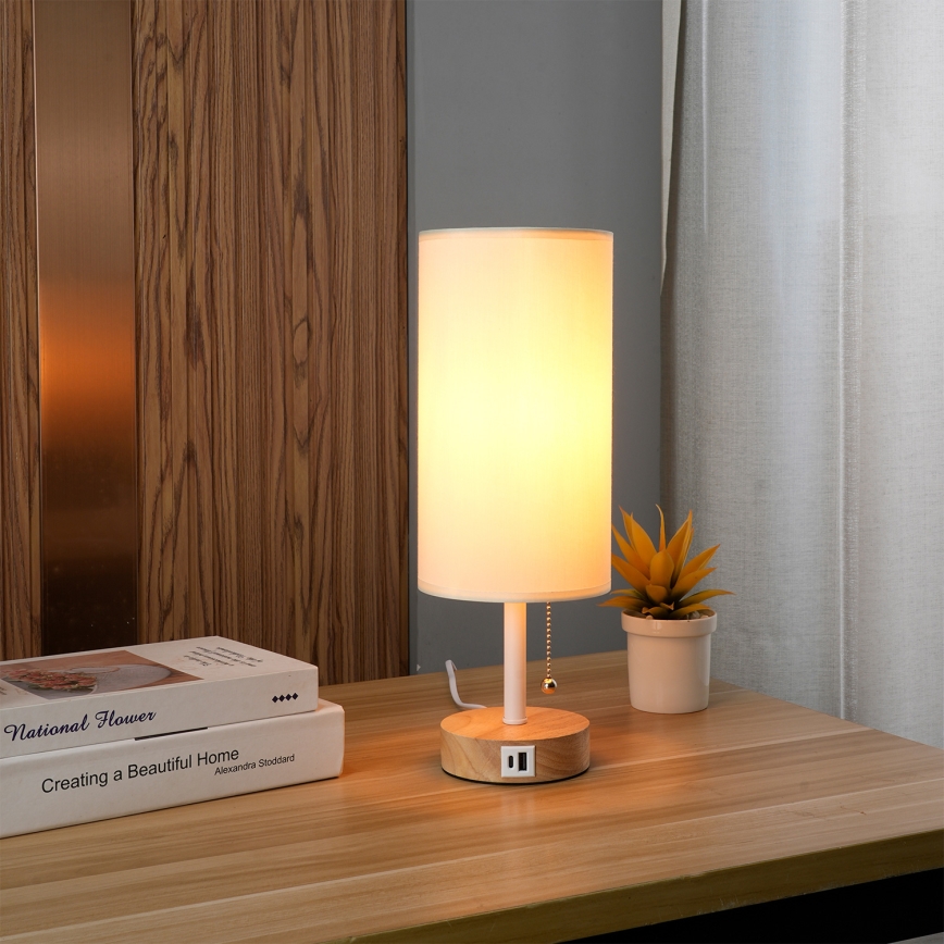 Brilagi - Настолна лампа с USB порт TABLON 1xE27/25W/230V дъб/бял/крем