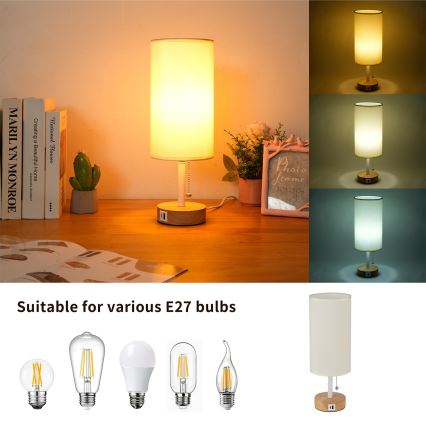 Brilagi - Настолна лампа с USB порт TABLON 1xE27/25W/230V дъб/бял/крем