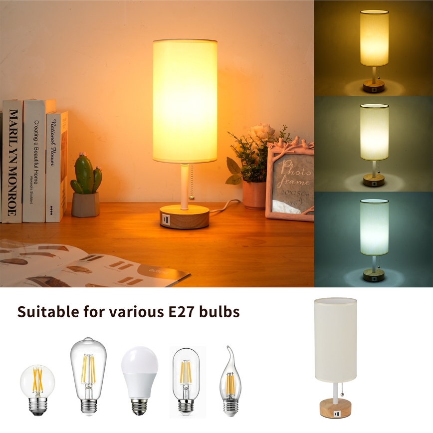 Brilagi - Настолна лампа с USB порт TABLON 1xE27/25W/230V дъб/бял/крем