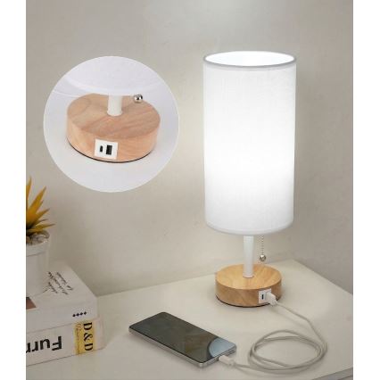 Brilagi - Настолна лампа с USB порт TABLON 1xE27/25W/230V дъб/бяла