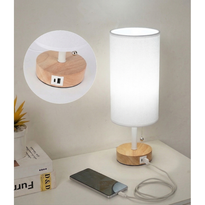 Brilagi - Настолна лампа с USB порт TABLON 1xE27/25W/230V дъб/бяла