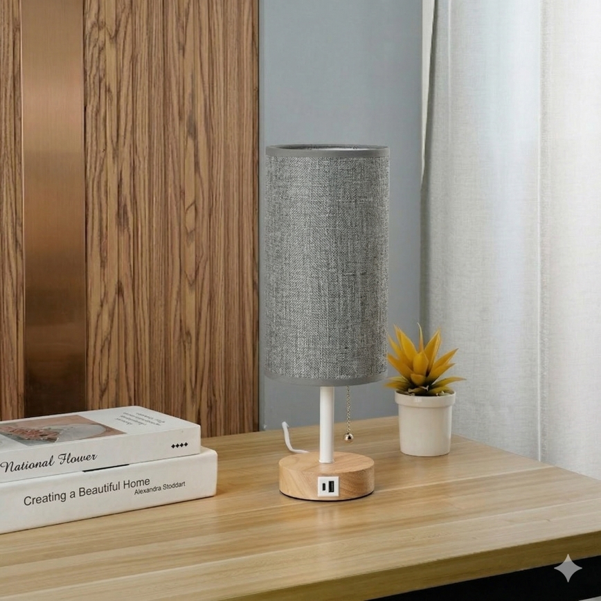 Brilagi - Настолна лампа с USB порт TABLON 1xE27/25W/230V дъб/бяла/сива