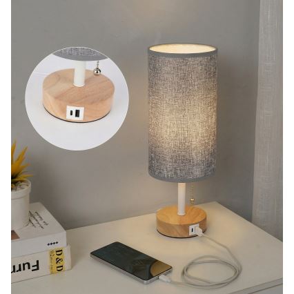 Brilagi - Настолна лампа с USB порт TABLON 1xE27/25W/230V дъб/бяла/сива