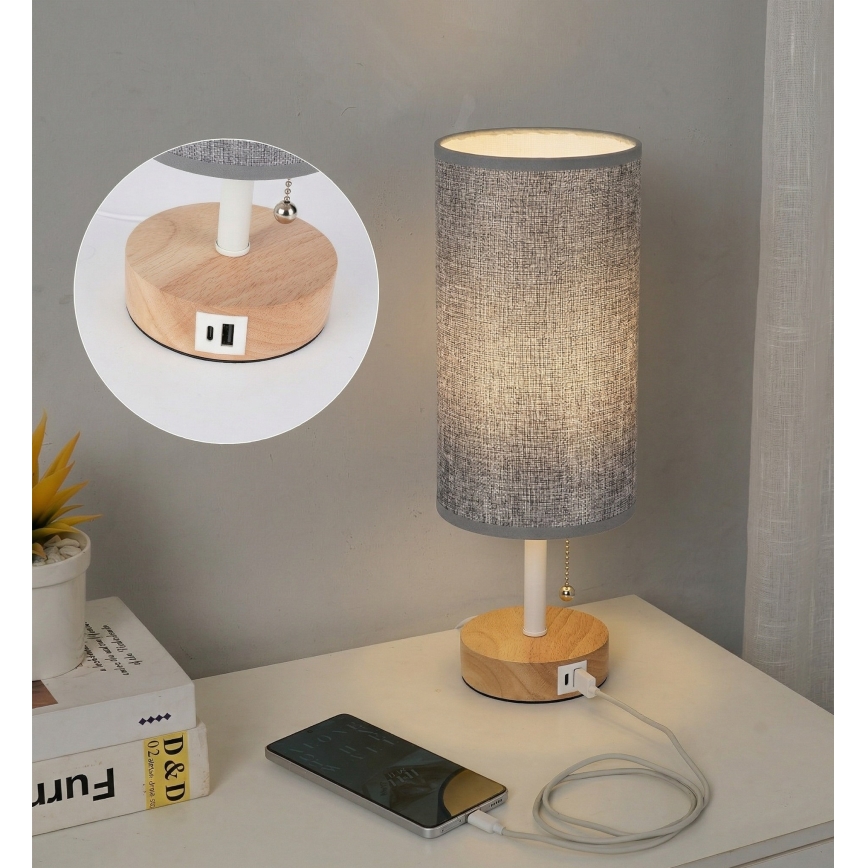 Brilagi - Настолна лампа с USB порт TABLON 1xE27/25W/230V дъб/бяла/сива