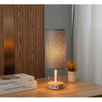 Brilagi - Настолна лампа с USB порт TABLON 1xE27/25W/230V дъб/бяла/сива