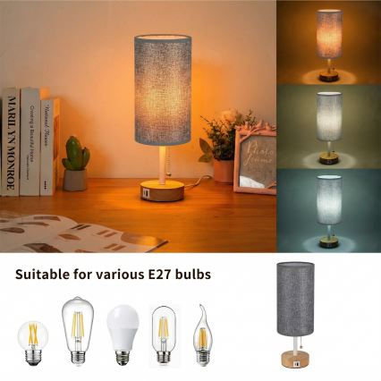 Brilagi - Настолна лампа с USB порт TABLON 1xE27/25W/230V дъб/бяла/сива