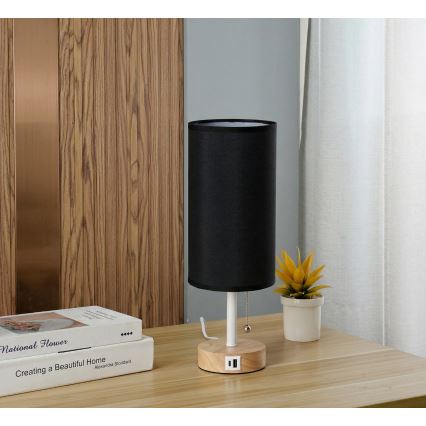 Brilagi - Настолна лампа с USB порт TABLON 1xE27/25W/230V дъб/бяло/черно