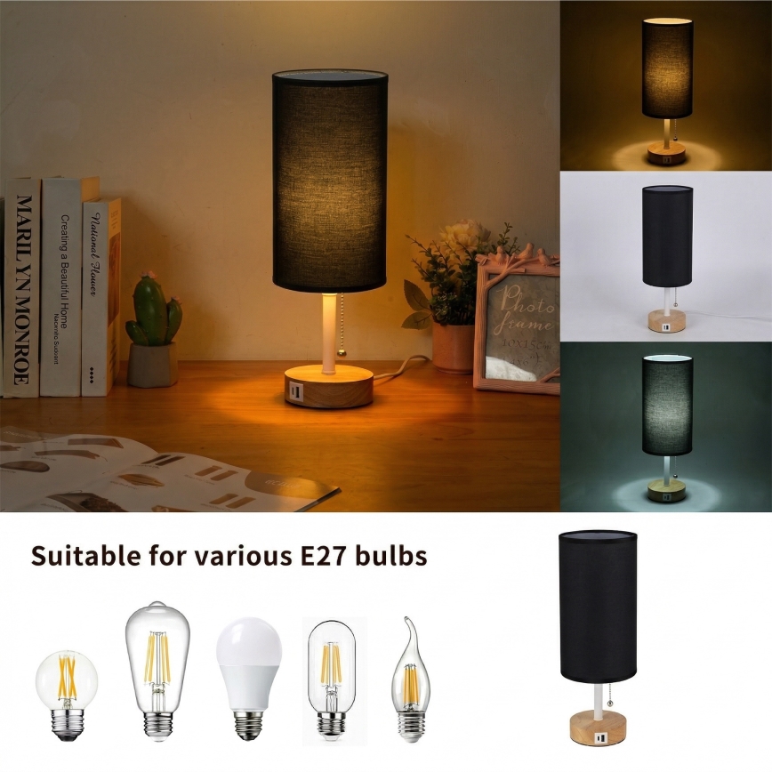 Brilagi - Настолна лампа с USB порт TABLON 1xE27/25W/230V дъб/бяло/черно