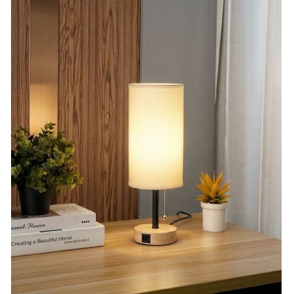 Brilagi - Настолна лампа с USB порт TABLON 1xE27/25W/230V дъб/черен/бял