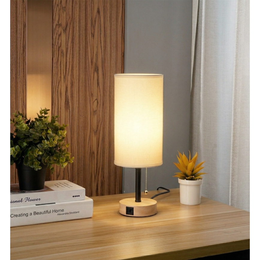Brilagi - Настолна лампа с USB порт TABLON 1xE27/25W/230V дъб/черен/бял