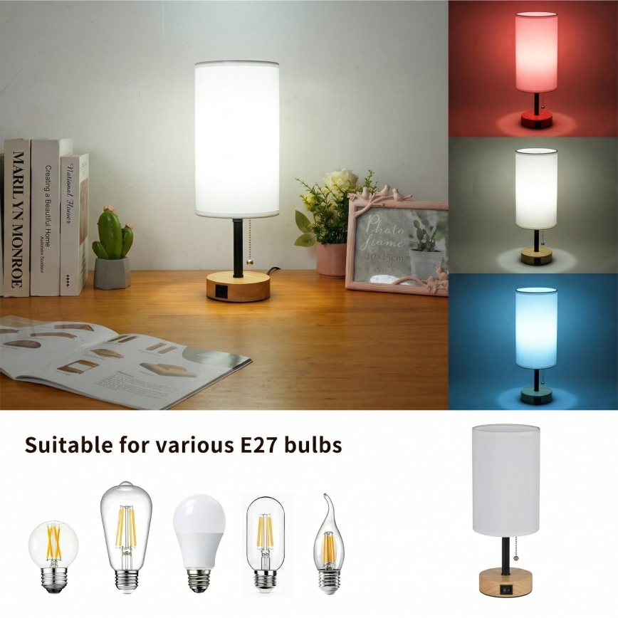 Brilagi - Настолна лампа с USB порт TABLON 1xE27/25W/230V дъб/черен/бял