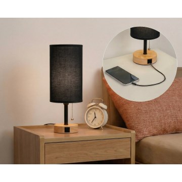 Brilagi - Настолна лампа с USB порт TABLON 1xE27/25W/230V дъб/черен