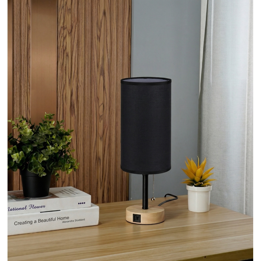 Brilagi - Настолна лампа с USB порт TABLON 1xE27/25W/230V дъб/черен