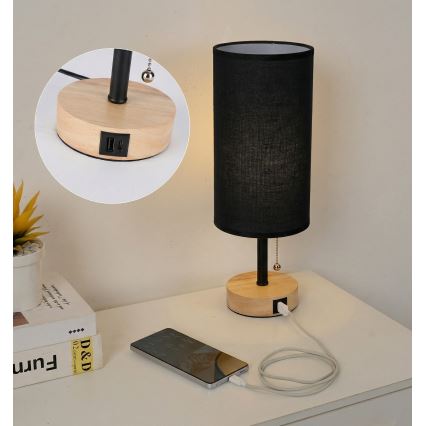 Brilagi - Настолна лампа с USB порт TABLON 1xE27/25W/230V дъб/черен