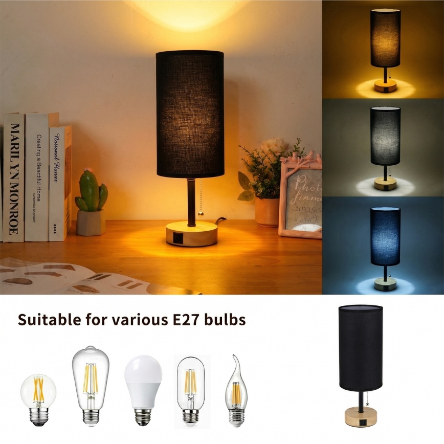 Brilagi - Настолна лампа с USB порт TABLON 1xE27/25W/230V дъб/черен