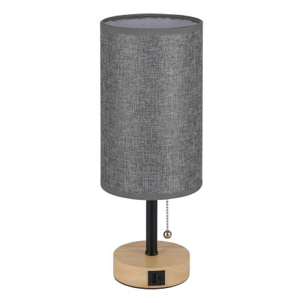 Brilagi - Настолна лампа с USB порт TABLON 1xE27/25W/230V дъб/черен/сив