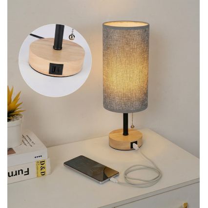 Brilagi - Настолна лампа с USB порт TABLON 1xE27/25W/230V дъб/черен/сив