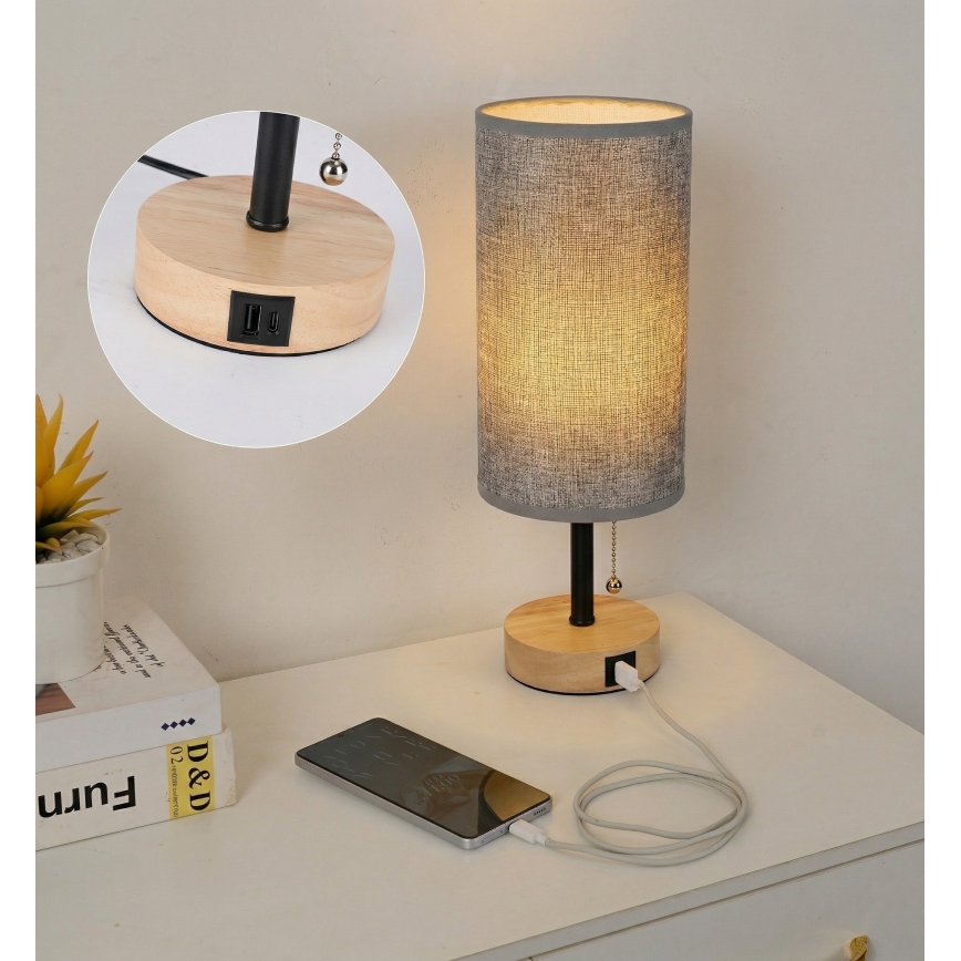 Brilagi - Настолна лампа с USB порт TABLON 1xE27/25W/230V дъб/черен/сив