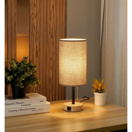 Brilagi - Настолна лампа с USB порт TABLON 1xE27/25W/230V дъб/черен/сив