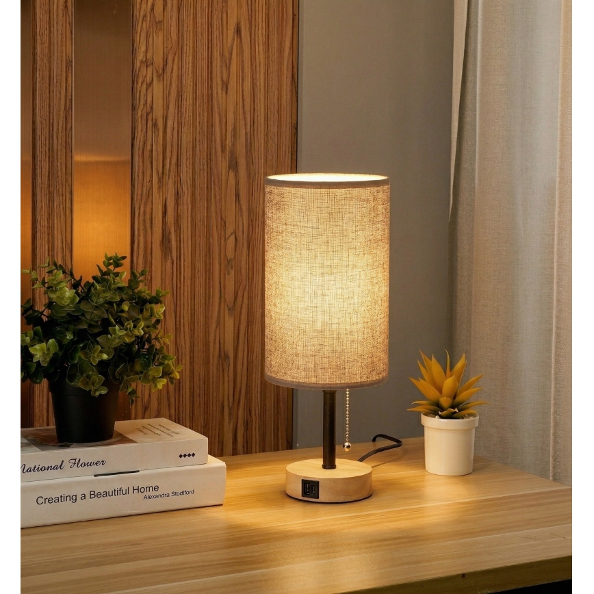 Brilagi - Настолна лампа с USB порт TABLON 1xE27/25W/230V дъб/черен/сив