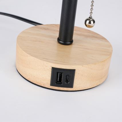 Brilagi - Настолна лампа с USB порт TABLON 1xE27/25W/230V дъб/черен/сив