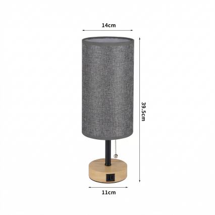 Brilagi - Настолна лампа с USB порт TABLON 1xE27/25W/230V дъб/черен/сив
