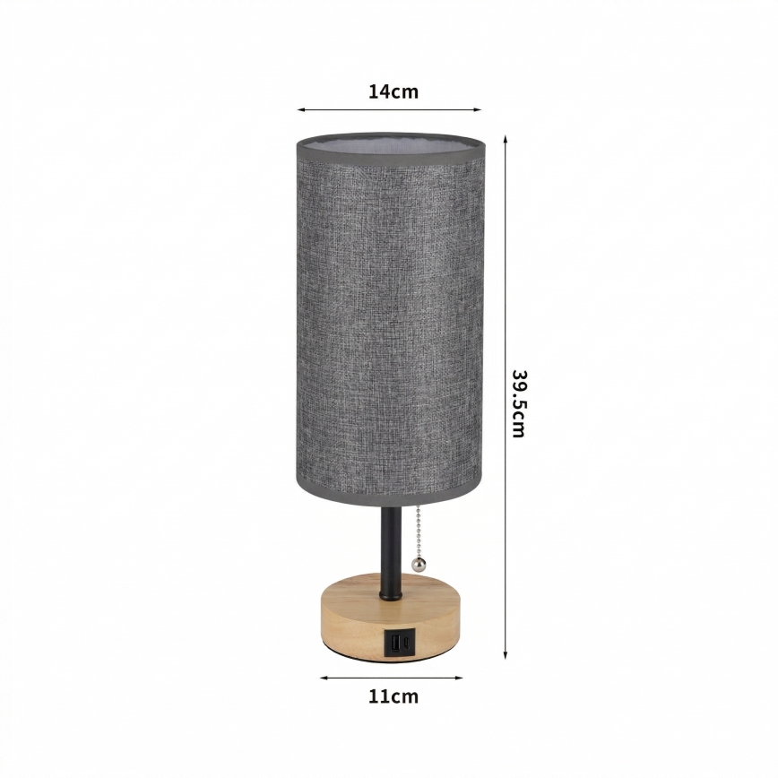 Brilagi - Настолна лампа с USB порт TABLON 1xE27/25W/230V дъб/черен/сив