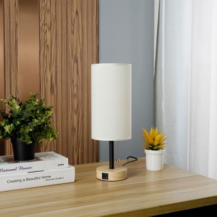 Brilagi - Настолна лампа с USB порт TABLON 1xE27/25W/230V дъб/черен/крем