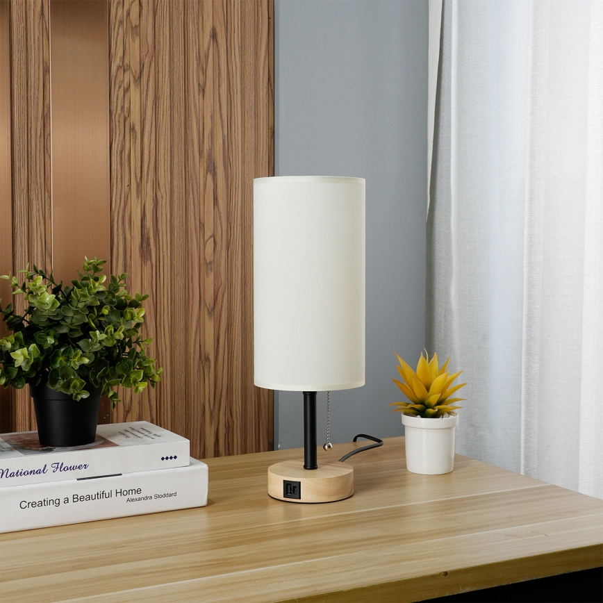 Brilagi - Настолна лампа с USB порт TABLON 1xE27/25W/230V дъб/черен/крем