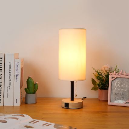 Brilagi - Настолна лампа с USB порт TABLON 1xE27/25W/230V дъб/черен/крем