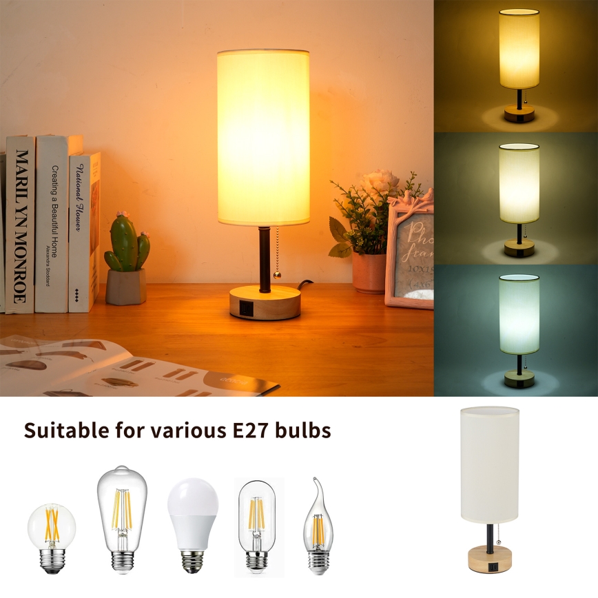 Brilagi - Настолна лампа с USB порт TABLON 1xE27/25W/230V дъб/черен/крем