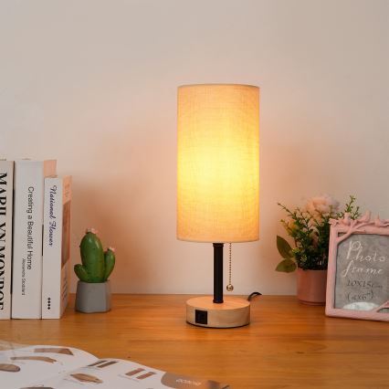 Brilagi - Настолна лампа с USB порт TABLON 1xE27/25W/230V дъб/черно/бежово