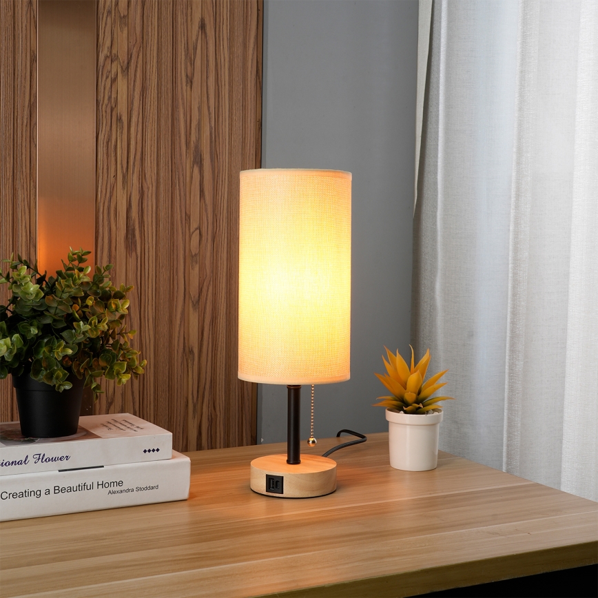 Brilagi - Настолна лампа с USB порт TABLON 1xE27/25W/230V дъб/черно/бежово