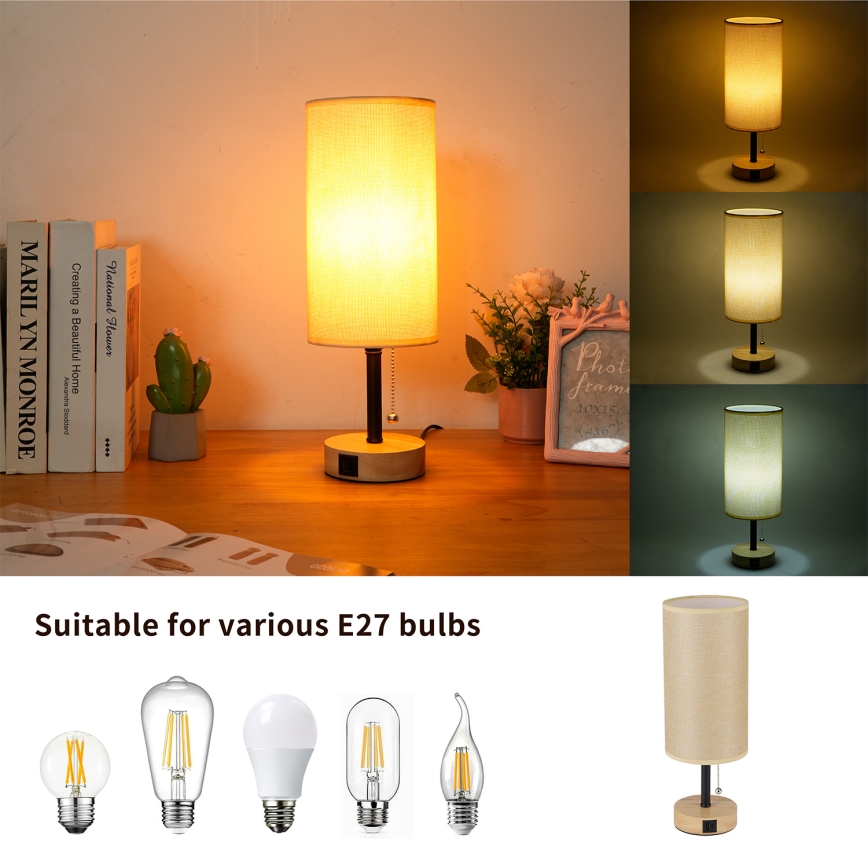 Brilagi - Настолна лампа с USB порт TABLON 1xE27/25W/230V дъб/черно/бежово