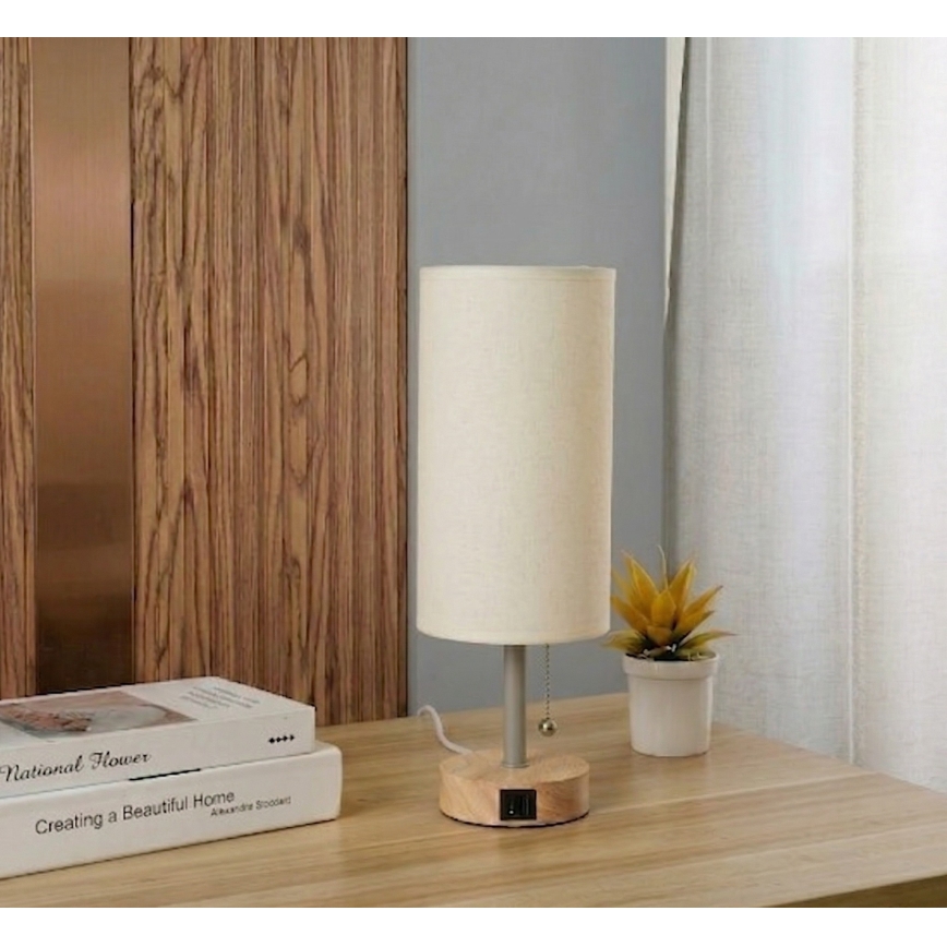 Brilagi - Настолна лампа с USB порт TABLON 1xE27/25W/230V дъбова/бежова/кремова