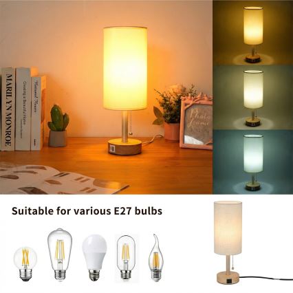 Brilagi - Настолна лампа с USB порт TABLON 1xE27/25W/230V дъбова/бежова/кремова