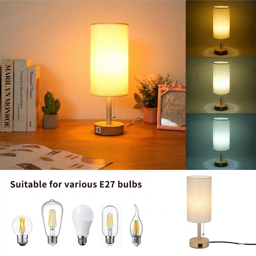 Brilagi - Настолна лампа с USB порт TABLON 1xE27/25W/230V дъбова/бежова/кремова