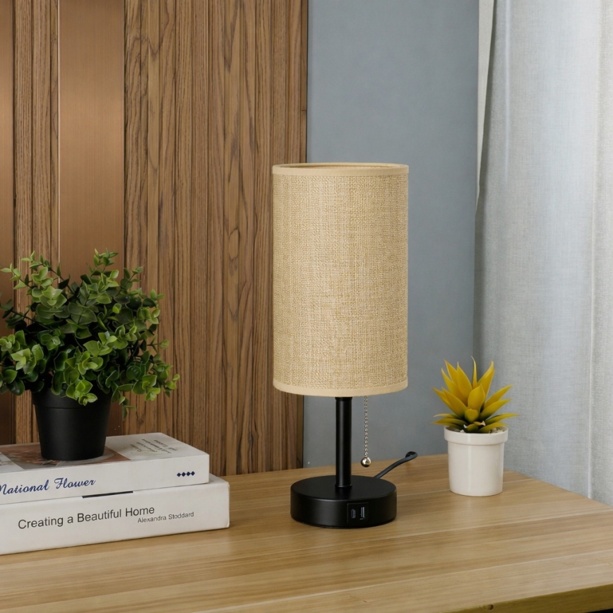 Brilagi - Настолна лампа TABLON с USB порт 1xE27/25W/230V черна/бежова