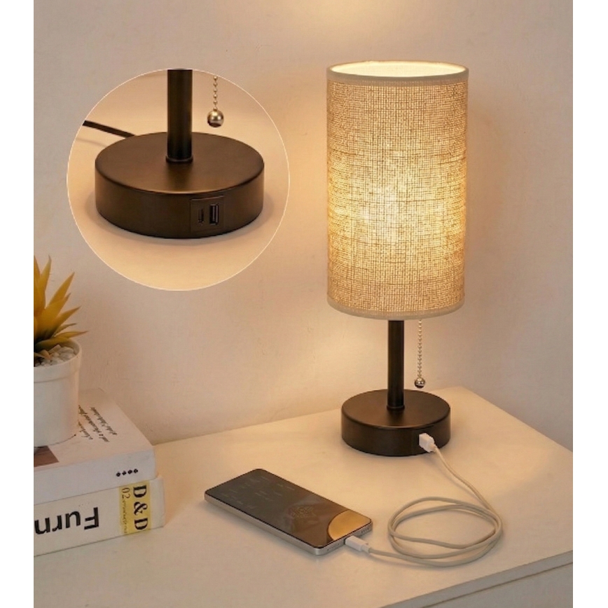 Brilagi - Настолна лампа TABLON с USB порт 1xE27/25W/230V черна/бежова