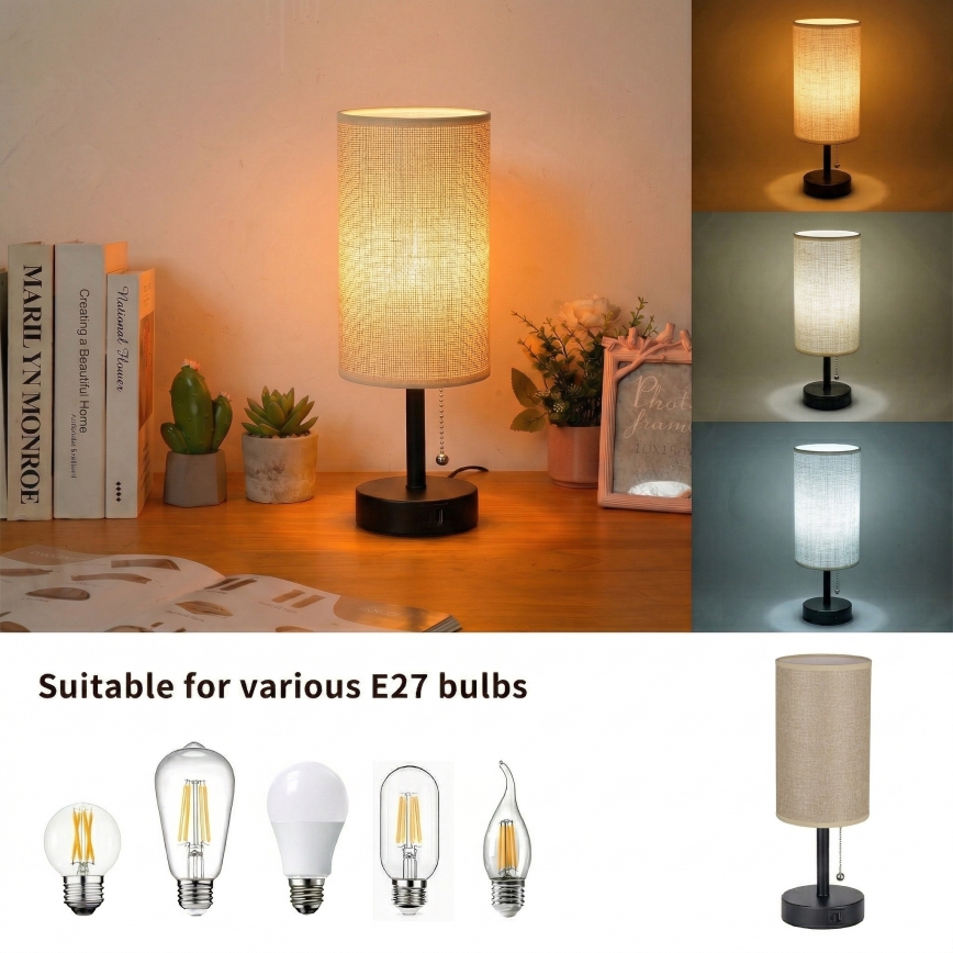 Brilagi - Настолна лампа TABLON с USB порт 1xE27/25W/230V черна/бежова