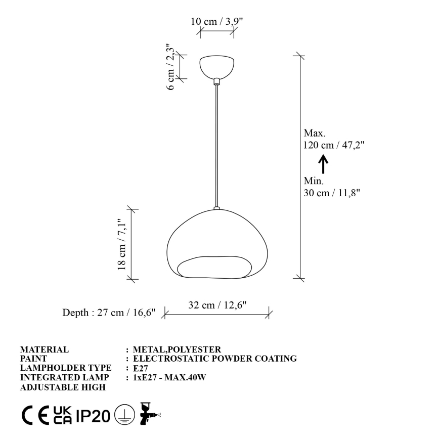 Brilagi - Пендел на кабел LOVAL 1xE27/40W/230V Ø 32 см, бял