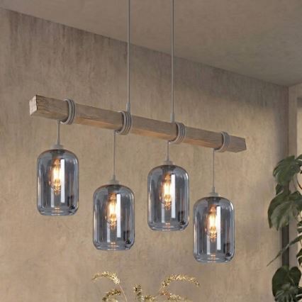 BRILAGI - Висящ полилей на кабел WOOD GLASS 4xE27/60W/230V бор/сив/опушено сиво