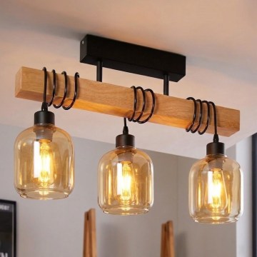Brilagi - Плафон WOOD GLASS 3xE27/60W/230V бор/черен/опушено кафяво