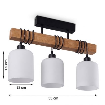 Brilagi - Плафонен полилей WOOD GLASS 3xE27/60W/230V бор/черен/бял