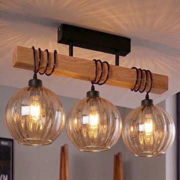 Brilagi - Плафонен полилей WOOD GLASS 3xE27/60W/230V бор/черен/димчено кафяв