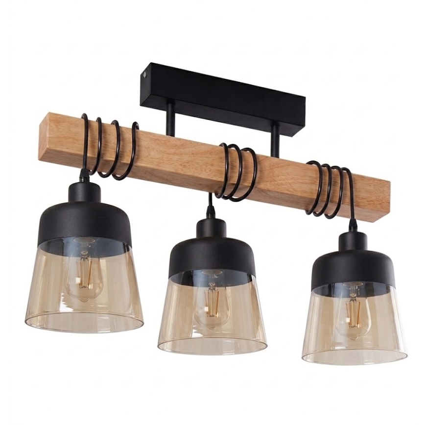 Brilagi - Повърхностно монтиран полилей WOOD GLASS 3xE27/60W/230V бор/черен/димчато кафяв