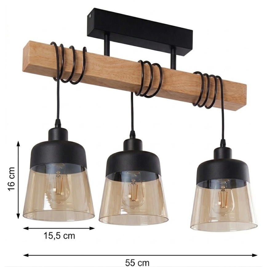 Brilagi - Повърхностно монтиран полилей WOOD GLASS 3xE27/60W/230V бор/черен/димчато кафяв