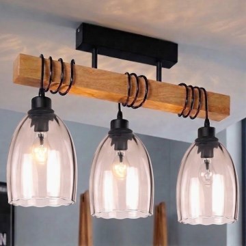 Brilagi - Плафонен полилей WOOD GLASS 3xE27/60W/230V боров/черен/димно бежов